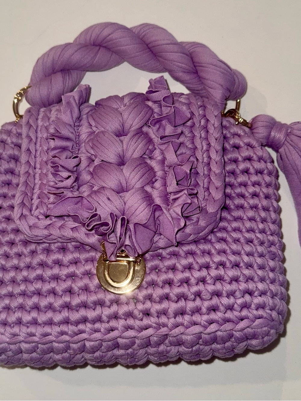 Bonita Bolso Handmade by Yvonne Lavender Woven Ruffle Top Handle Bag - Unbranded